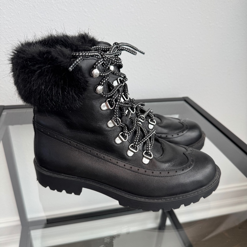 CHARLES DAVID Leather Black Combat Boots Faux Fur Trim Size 8